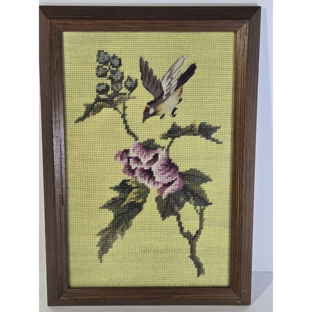 Vintage Framed Needlepoint Bird Pink Rose Floral Handmade Wall Art 15.5"
